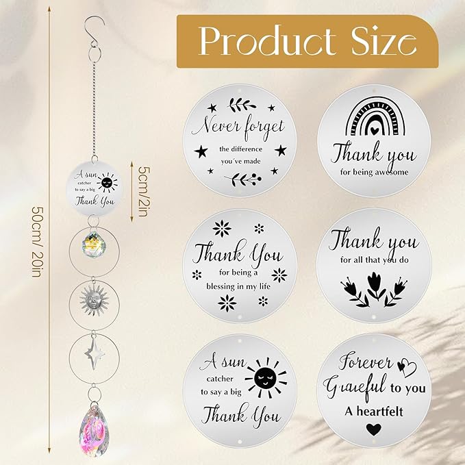 6 Pcs Thank You Gifts for Women Crystal Suncatcher Thank You with Engraved Message Hanging Sun Catcher Ornament for Windows Friend Teacher Coworkers Appreciation Christmas Gratitude Gift