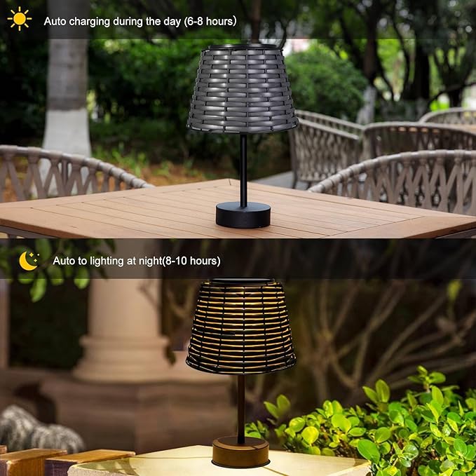 Solar Rattan Woven Desk Lamp, Outdoor Table Lamps for Patio, Garden, Bedroom, Living Room (Black)