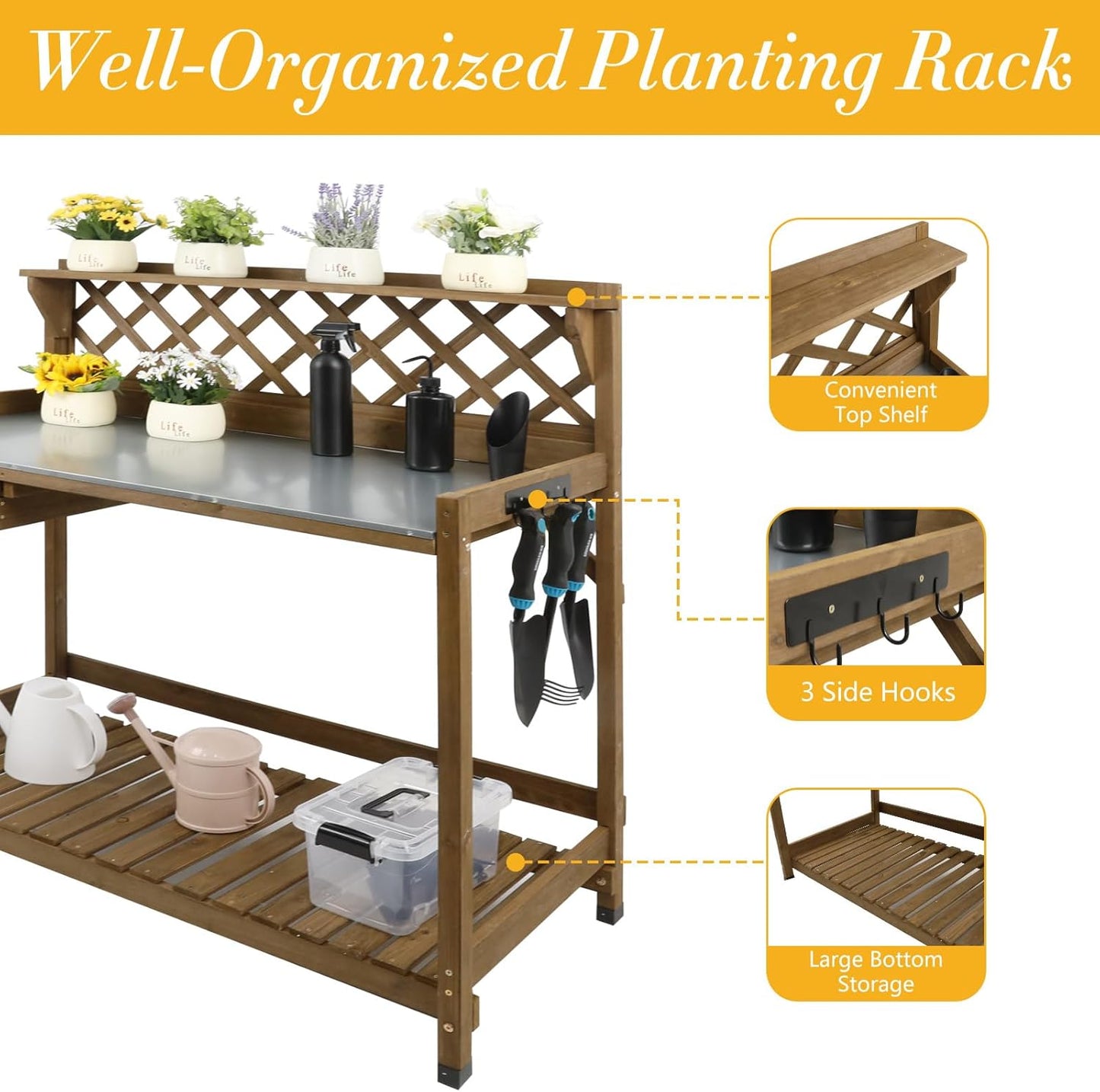 Garden Potting Bench with Metal Tabletop,Outdoor Potting Table Workstation Benches with Drawer/Storage Shelf，Fir Wood Potting Station Work Table with Open Shelf,Lattice Back (Brown)