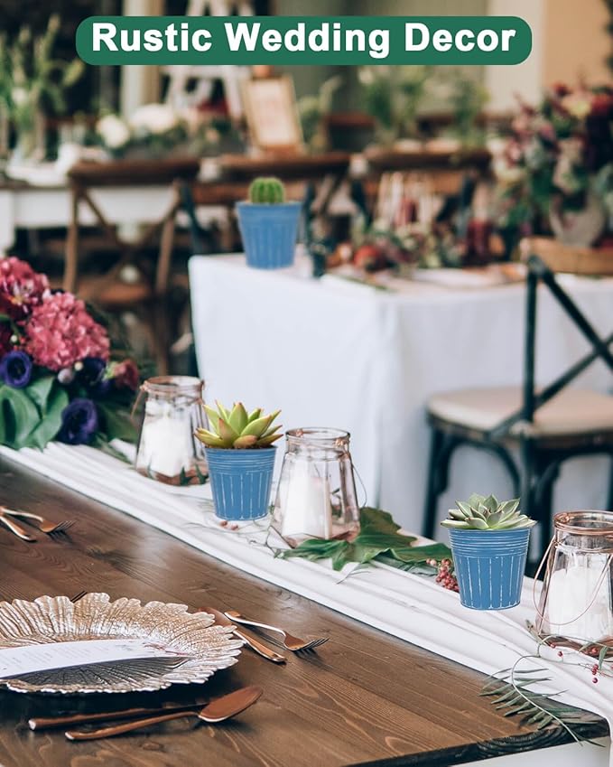 vensovo 4 Inches Blue Metal Rustic Flower Pots - 6 Pcs Small Galvanized Planters with Drainage Hole and Rubber Plug, Rustproof Tin Bucket Plant Pot Farmhouse Vintage Style for Decor