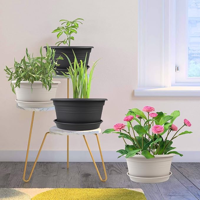 6 Pack 10 inch Plant Pot, Outdoor Pots for Plants with Drainage Hole & Tray Saucer, Round Plastic Plant Pot, Decoration Flower Pots for Indoor Plants Home Garden Outdoor Planters (White)