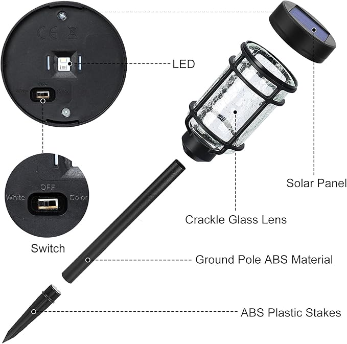 Solar Pathway Lights 8 Pack, Color Changing+Warm White LED Solar Lights Outdoor, Waterproof Solar Crackle Glass Stake Lights for Garden Path Walkway Backyard Lawn Landscape Decoration