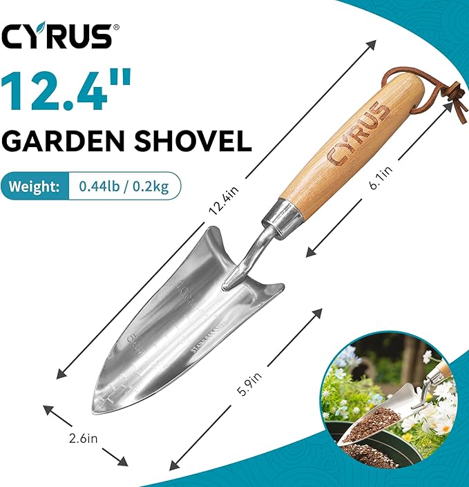 CYRUS 12.4”Garden Shovel,Heavy Duty Small Stainless Steel Garden Trowel with Ash Wood Handle,Suitable for Planting,Measuring,Weeding Multi-Purpose Garden Spade