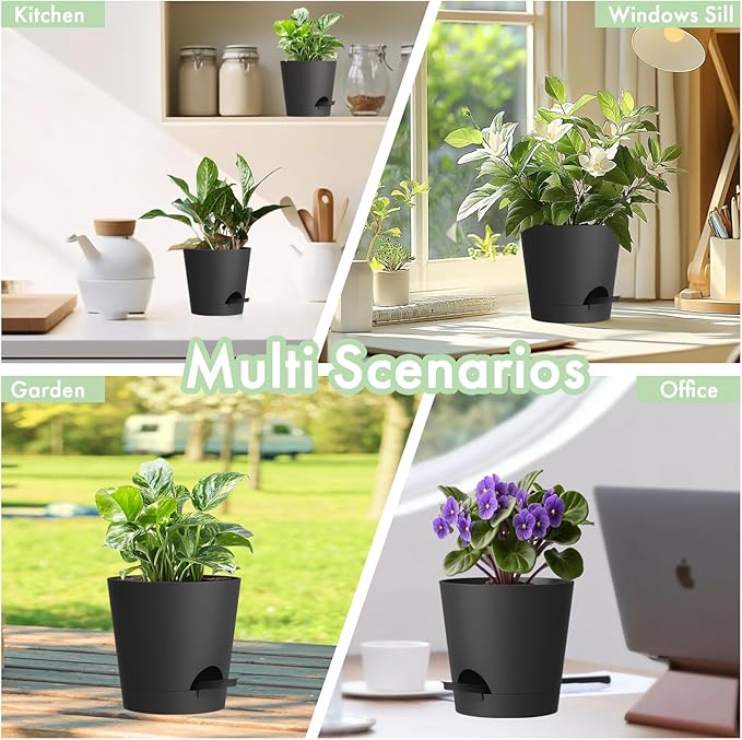 4 inch Self Watering Pots for Indoor Outdoor Plants, 6 Pack Plastic Flower Planters with Drainage Holes and Removable Saucers, Plant Pots with Wicking Rope, Modern Decor, Black