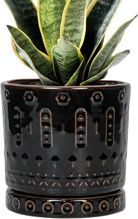 Ceramic Plant Pots - 6 Inch Ceramic Planter for Indoor Outdoor, Round Flower Pots with Drainage Hole and Plant Saucer, Boho Decorative Small Planter, House Decor, Gifts for Gardeners, Black