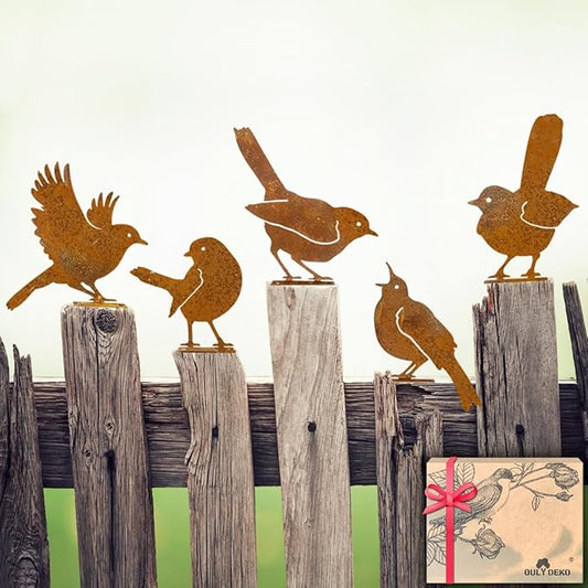 5PCS Rusty Birds Decoration, Metal Birds Yard Decor, Metal Birds Craft Statue Ornaments - Garden Sculptures and Yard Art, Fence Decorations Outdoor