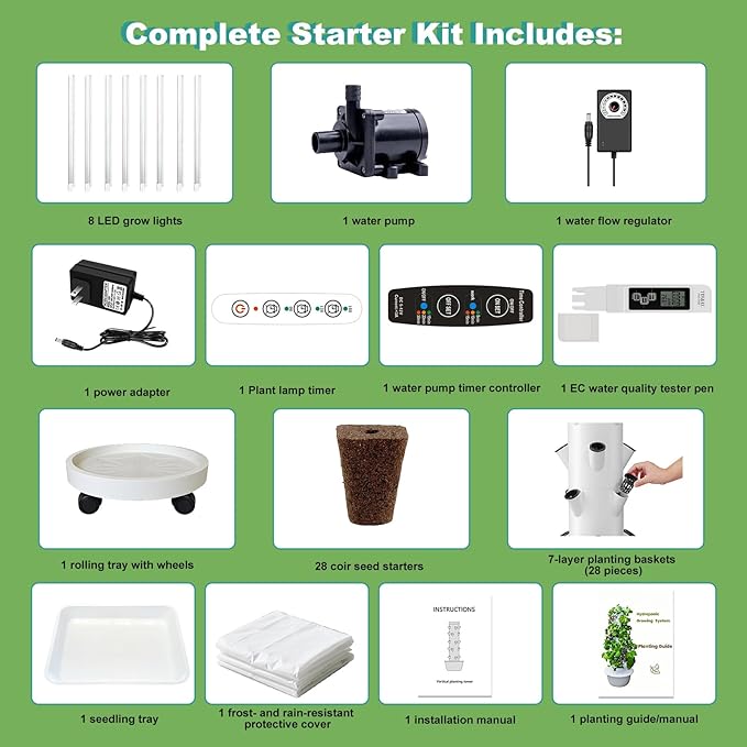 Vertical Hydroponic Growing System Kit – LED Grow Lights, Hydroponic Vegetable Tower,Inddor Lettuce Growing Garden,28 Plant Sites, for Indoor & Outdoor Gardening,Full Spectrum