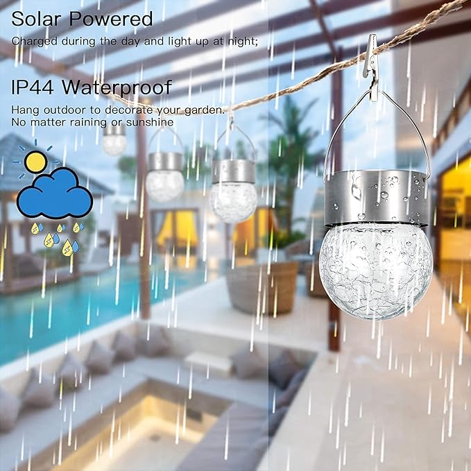 SUNWIND Hanging Solar Ball Lights Outdoor - 8 Pack Cracked Glass Decorative Garden Lights Waterproof Solar Lanterns for Yard, Patio, Fence, Tree, or Holiday Decoration(White)