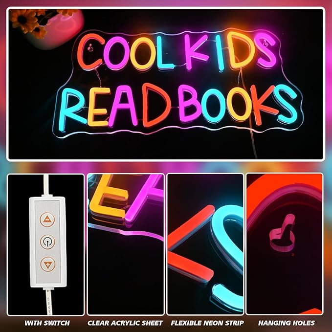 Cool Kids Read Books Neon Sign Reading Corner for Kids Neon Signs for Wall Decor LED Light Library Classroom Book Club Christmas Gift for Kids & Teens(5V2A)