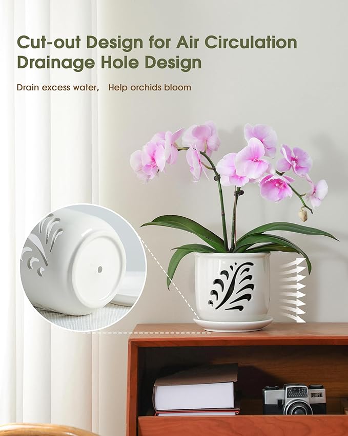 Ceramic Orchid Pot, 6 Inch Orchid Pots with Holes and Saucer for Indoor/Outdoor Plants Drainage & Air Circulation, White Orchid Planter for Repotting or New Plants