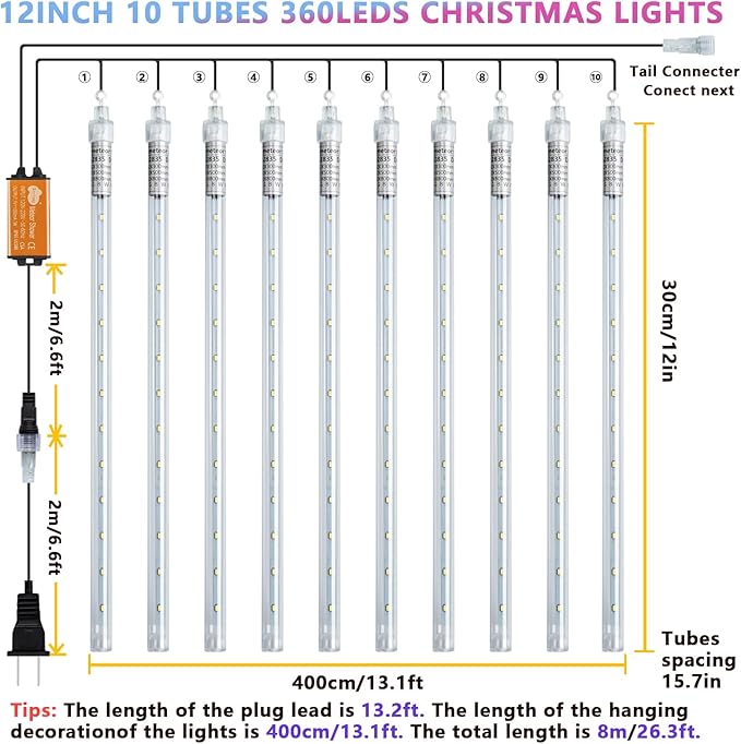 Christmas Meteor Shower Lights Outdoor - 12 Inch 10 Tube 360 LED Falling Rain Snow Icicle Cascading Light for Xmas Tree Garden Roof Eaves Decoration