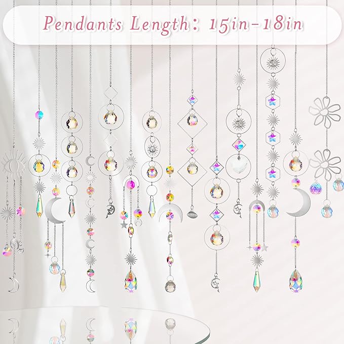 Ysleen 16 Pcs Crystals Suncatcher Colorful Hanging Sun Catcher for Window with Chain Pendant Ornament Prism Rainbow for Garden Wedding Valentine's Day Party Indoor Outdoor Decoration Gift(Silver)