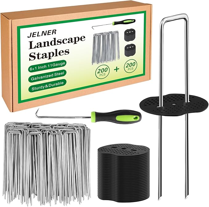 Landscape Staples Set,6 Inch 11 Gauge 200pcs Galvanized Garden Stakes and 200pcs Gaskets +1Pick Hook,U-Shaped Tent Stakes Landscaping Fabric SOD Pins for Weed Fabric Barrier,Groud Cover,Fence