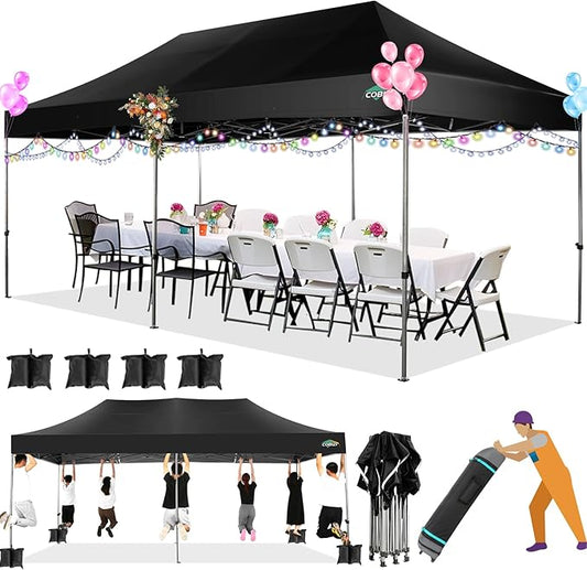 COBIZI 10x20 Heavy Duty Pop up Canopy Tent Easy Up Commercial Outdoor Canopy Wedding Party Tents for Parties All Season Wind & Waterproof Gazebo with Roller Bag,Black(Frame Thickened)