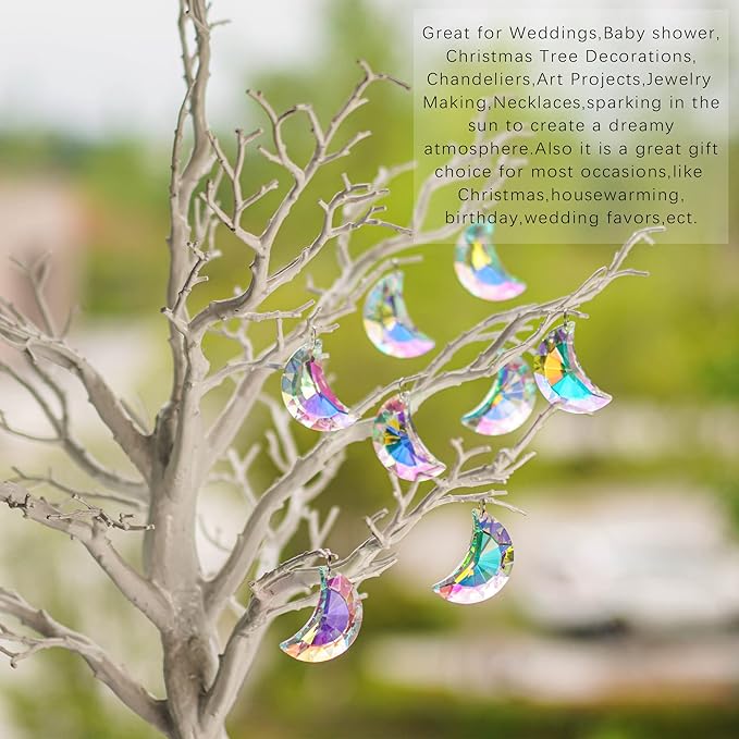 6pcs Colorful Crystal Faceted Half Moon Prisms Chandelier Lamp Lighting Drops Pendants Prisms Hanging Crystals Suncatcher for Window Garden Home Decoration
