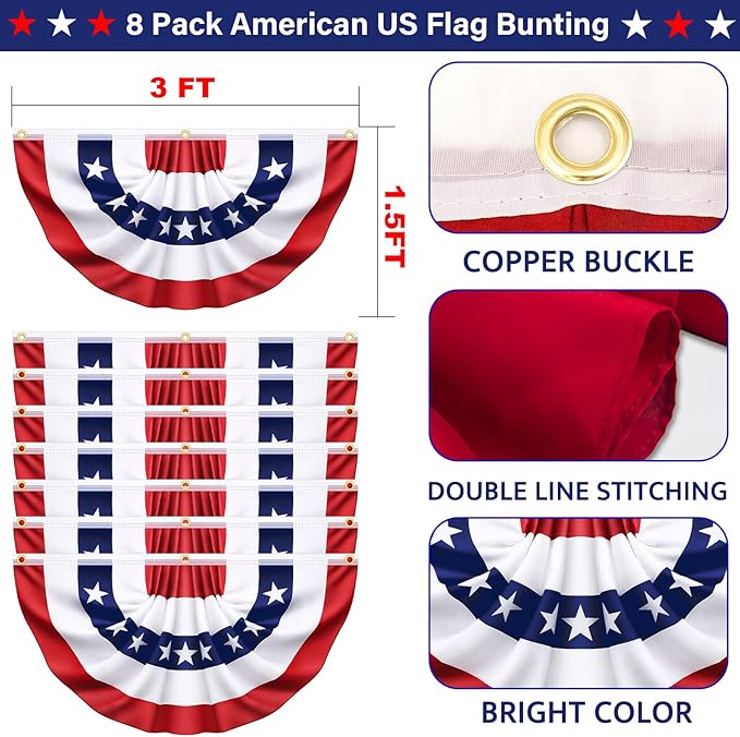 8 Pack USA Pleated Bunting Fan Flags, 1.5x3 Ft Patriotic Half Fan Banner American Flag Decoration Bunting for Outside Red White and Blue Decor Independence Day Memorial Day 4th of july Decorations