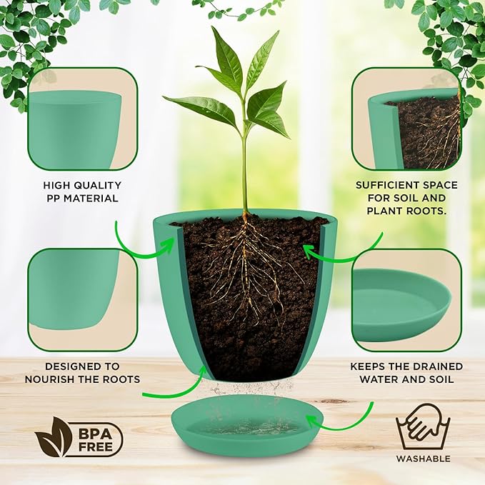 Planter Pots with Drainage Holes - Lightweight, Durable, & Space-Saving Pots for Indoor and Outdoor - Versatile Functionality, Simple Modern Design, Set of 5 Plastic Planter Pots Mint