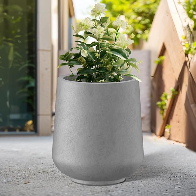 Kante 15.3" Dia Round Concrete Planter, Outdoor Indoor Large Plant Pots Containers with Drainage Hole and Rubber Plug for Home Garden Patio, Gray Concrete