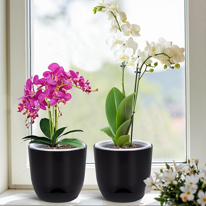 QCQHDU 2 Pack Orchid Pots with Holes for Repotting, Double-Layer and Self Watering Orchid Pot with Good Air Circulation