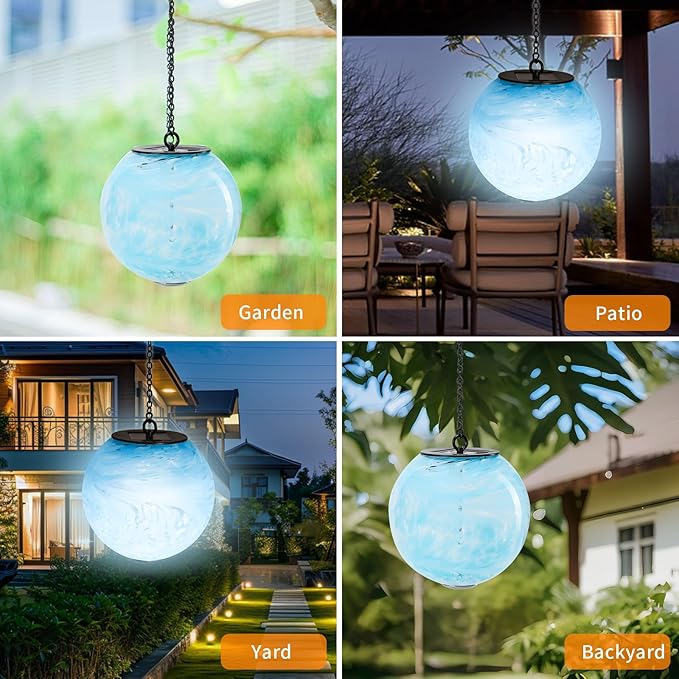 VCUTEKA Solar Chandelier Outdoor, Hanging Glass Solar Light with Hook Up, Garden Lanterns Decor for Yard, Tree and Patio, Blue