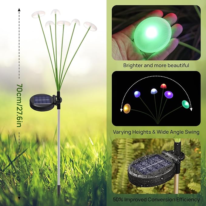 Solar Garden Lights, 6-Pack Dual Mode LED Solar Mushroom Lights, Waterproof Firefly Outdoor Decor for Yard, Patio, and Pathway – Colorful Jellyfish Ambiance
