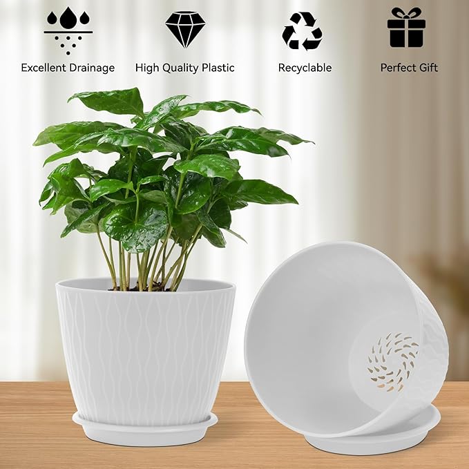 Plant Pots – 6 Inch Planters with Drainage Holes and Saucers, Flower Pots for Indoor and Outdoor Plants, Nursery Planting Pots (Pack of 5, White)