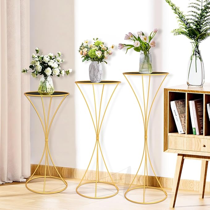 chamvis Gold Metal Plant Stand, 3 Pcs Tall Cylinder Pedestal Stands for Parties and Weddings, Gold Round Cylinder Tables for Living Room and Patio Decor (Hourglass)