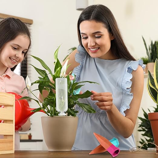 4 Pack Plant Watering Devices, Terracotta Self Watering Spikes with 25 oz Plastic Wine Bottles, Slow Release Plant Waterer Self Watering Planter for Vacation Indoor Outdoor Plant