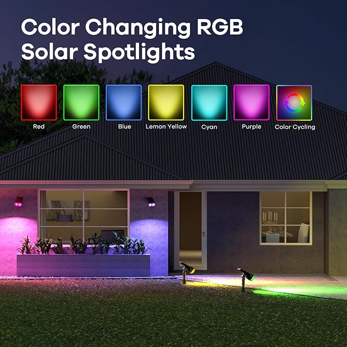 Consciot Solar Color Changing Outdoor Spotlights, 7 Lighting Modes Outside Solar Lights Waterproof IP67, Multicolor Christmas Decorations Landscape Lights for Pathway Patio Fence, Auto On/Off, 6 Pack