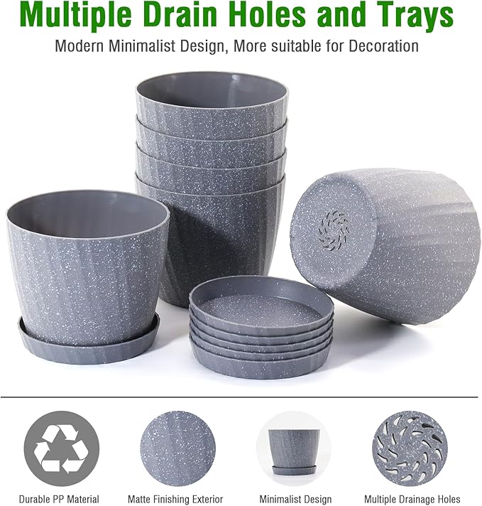 6 Inch Plant Pots Bulk, 6 Pack Plastic Planters with Drainage Holes and Saucers for Indoor Outdoor House Plants and Flowers, Grey Spots