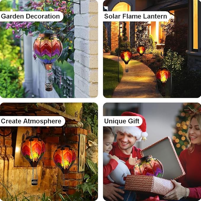 2PC Hot Air Balloon Solar Lantern, Wavy-Colorful Flickering Flame Hanging Solar Lanterns Outdoor Lights Waterproof Lanterns Decorative Garden Patio Yard Party Decor with 2PC Shepherd Hook