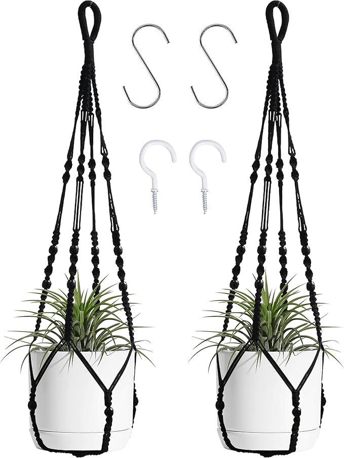Macrame Plant Hanger Indoor Hanging with Wood Beads Macrame Planters No Tassel for Indoor Outdoor Boho Home Decor 35 Inch (Black,2pcs)
