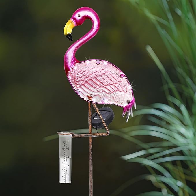 LEWIS&WAYNE 43’’ Solar Flamingo Rain Gauge Outdoor Decorative Metal Stake LED Lights with Glass Tube Solar Pathway Lights for Garden, Yard, Patio, Lawn Decor