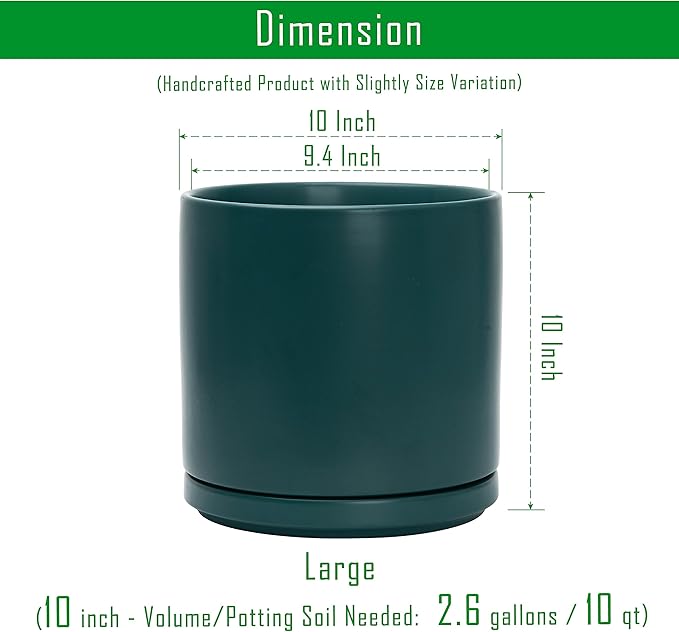 D'vine Dev 10 Inch Ceramic Planter Pot with Drainage Hole and Saucer, Indoor Cylinder Round Planter Pot, Teal, 94-O-E-9