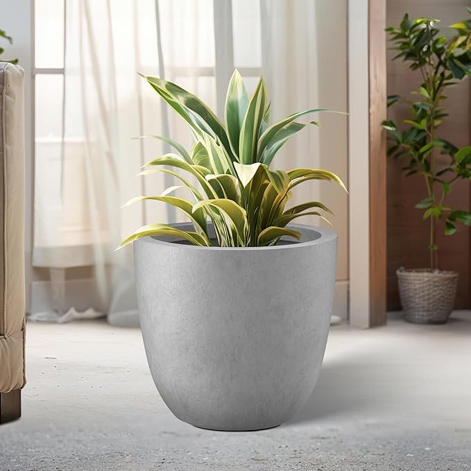 Kante 14 Inch Dia Round Concrete Planter, Indoor Outdoor Large Plant Pot with Drainage Hole and Rubber Plug for Home Patio Garden, Gray Concrete