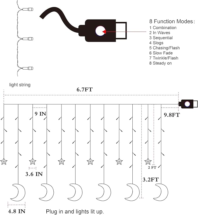 Dazzle Bright Ramadan Curtain String Lights, 138 LED 6.7ft x 3.2ft Warm White Star Moon 8 Lighting Modes Fairy Lights with Remote for Bedroom Wall, Wedding, Outdoor Party, Ramadan Decorations