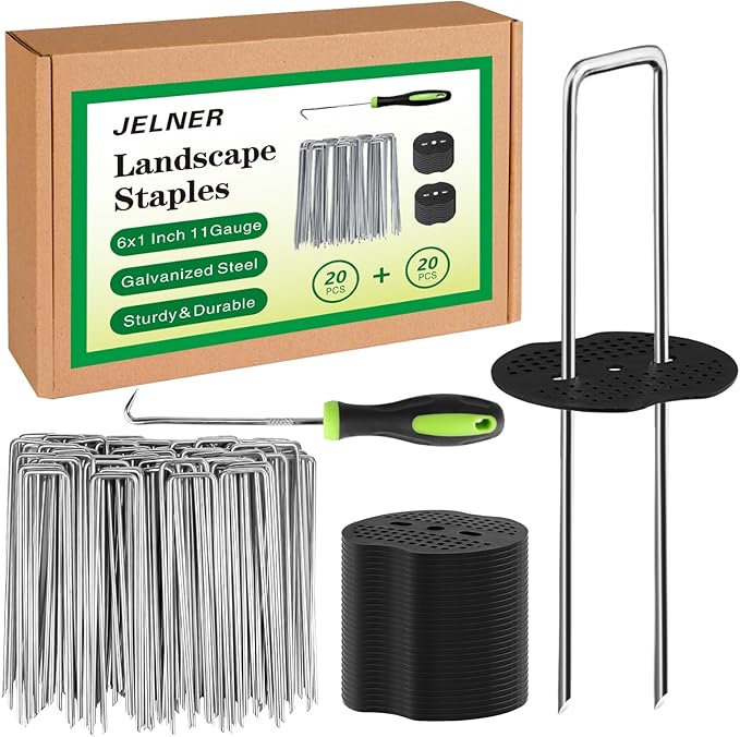 Landscape Staples Set,6 Inch 11 Gauge 20pcs Galvanized Garden Stakes + 20pcs Gaskets + 1Pick Hook,U-Shaped Tent Stakes Landscaping Fabric SOD Pins for Weed Fabric Barrier,Groud Cover,Fence