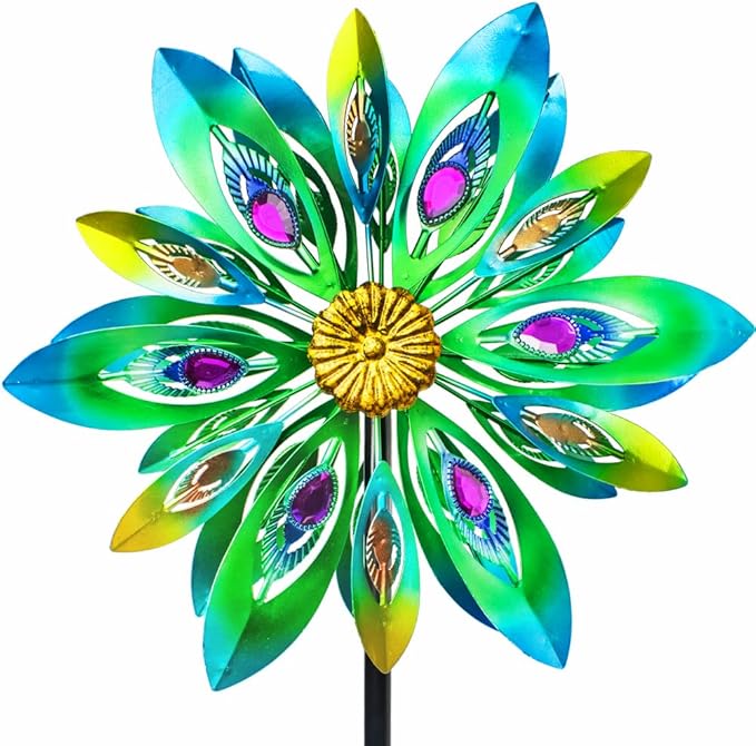 53 Inch Wind Spinner - Outdoor Metal Peacock Wind Sculptures for Garden, Patio, Yard, Lawn Decorations Double Windmill Spinner