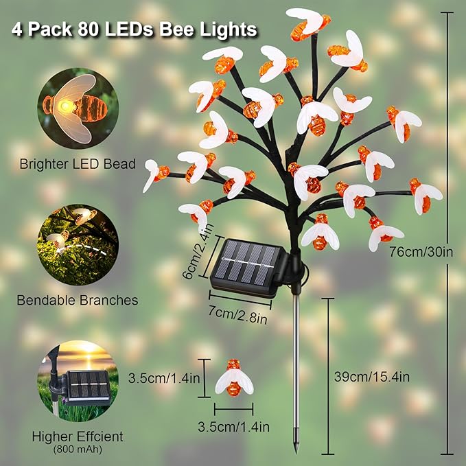 Solar Garden Lights Outside - 4 Pack 80 LED Solar Bee Lights Outdoor Waterproof with 8 Modes Landscape Decoration for Garden Patio Yard Walkway Grass Spring Decor (Warm White)
