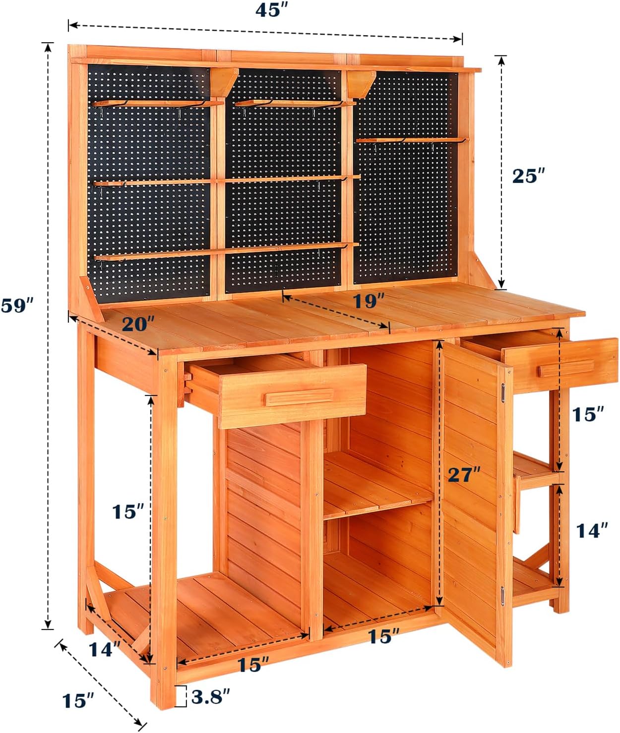 Outdoor Garden Potting Bench, Horticultural Wooden Workstation Table with Storage Drawer, Cabinet, Metal Pegboard, Adjustable Hooks and Shelves for Backyard, Patio, Greenhouse