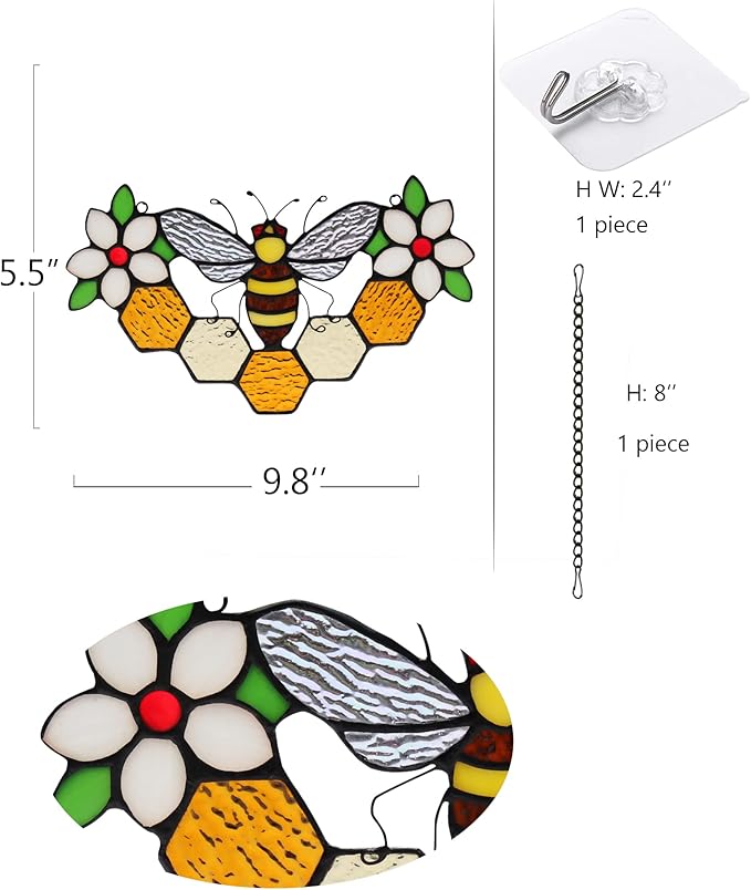 Bee Decor Stained Glass Window Hanging,Honeybee Honeycomb with Flowers Suncatcher for Window,Wall Art Ornaments,Birthday Gifts for Women,Friends,Housewarming Gift