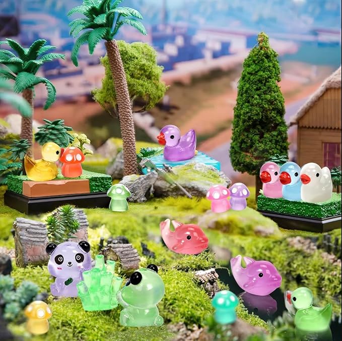 Luminous Mini Resin Animals - 130 Pcs Tiny Animals Mini Ducks Tortoise Rabbit Panda Mushroom Fruits Seashells Set Figurines Glow in The Dark Garden Miniatures Fairy Garden Accessories