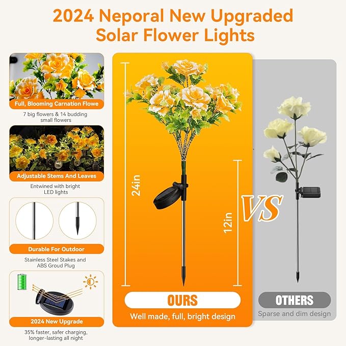 Neporal Solar Lights - Outdoor Decorative Garden Lights with Carnation Flower, Waterproof IP65, Perfect for Outdoor Decorations - Gardening Gifts for Women