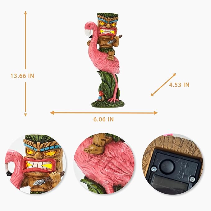 Solar Tiki Statue - Outdoor Statue - Solar Powered Garden Figurine Tiki Decoration for Bar, Patio, Balcony, Yard, Lawn, Table, Riding a Flamingo 13.66 Inches Tall