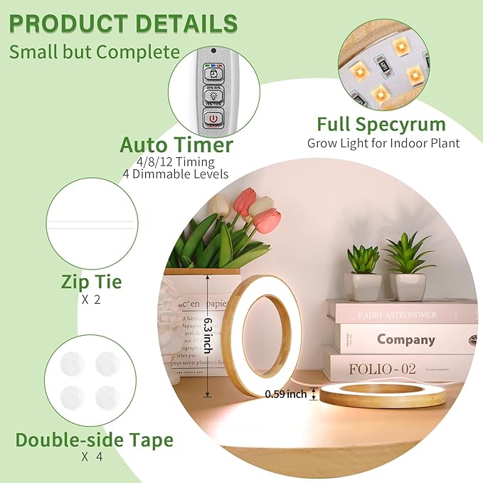 LORDEM 6.3” Bamboo Ceiling Grow Light for Indoor Plants, 72 LEDs Full Spectrum Plant Light, Corded, Halo Under Cabinet Growing Lamp with 4/8/12H Auto Timer, 4 Brightness Levels, Ideal for Pot Plants