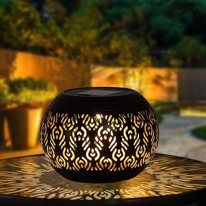 Solar Table Light Outdoor Waterproof- Solar Powered LED Lamp Hollowed-Out Black Peacock Feather Metal Desktop Decorative Lantern for Indoor Desk Bedroom Patio Garden Pathway Yard