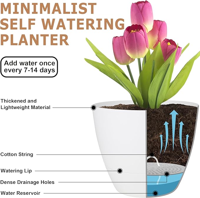 Plant Pots 10/9/8/7.5/7 Inch Self Watering Pots, Set of 5 Plastic Planters with Drainage Holes and Saucers,Plastic Flower Pots,Nursery Planting Pot for Indoor Out Door Plants(Pure White)