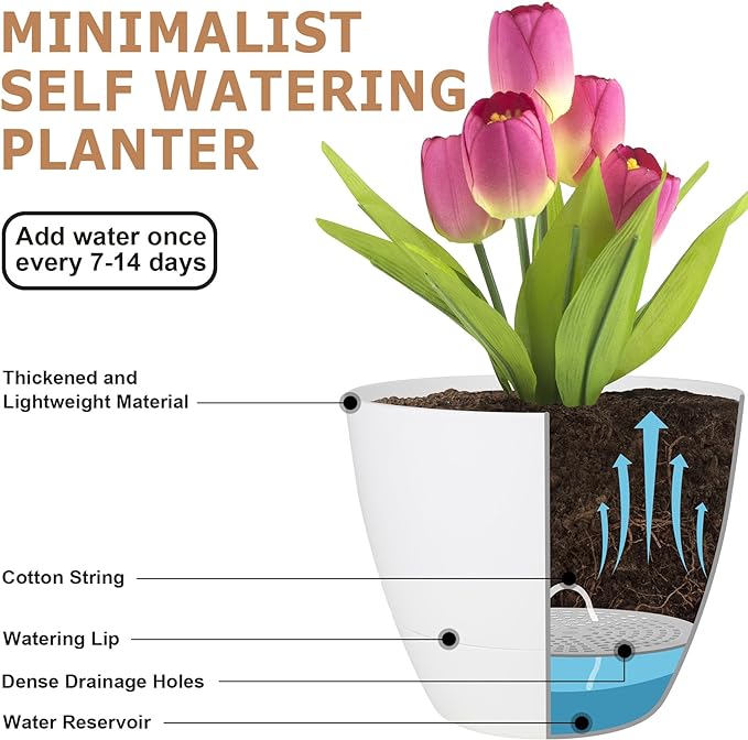 Plant Pots 12/10/9 Inch Self Watering Pots, Set of 3 Plastic Planters with Drainage Holes and Saucers,Plastic Flower Pots,Nursery Planting Pot for Indoor Out Door Plants(Pure White)