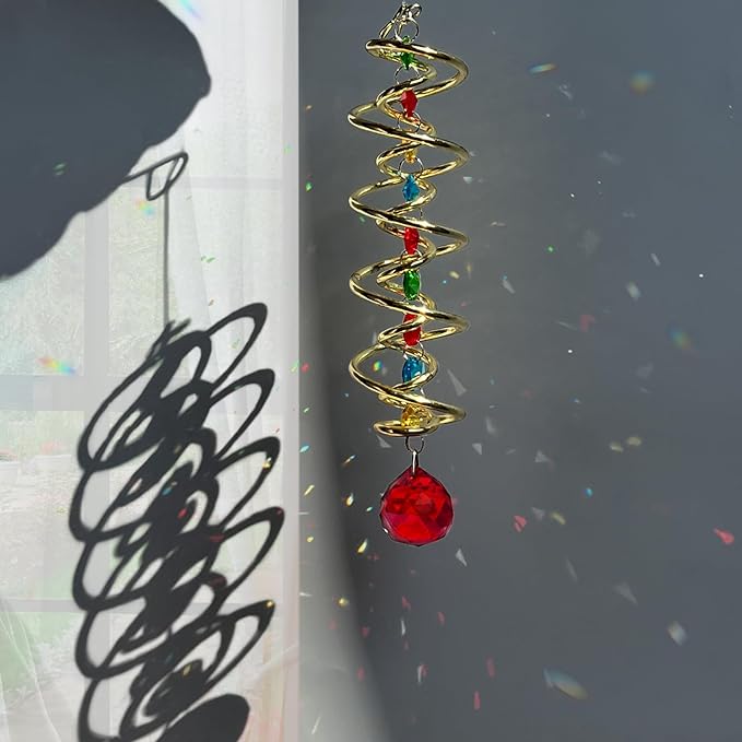 FONMY Gazing Ball Spiral Tail -Decorative Wind Spinner Sun Catcher Rainbow Maker Golden Double-Spiral W/Red Crystal Ball and Chain Crystals Beads for Indoor Outdoor Garden Decoration -14 inch Height