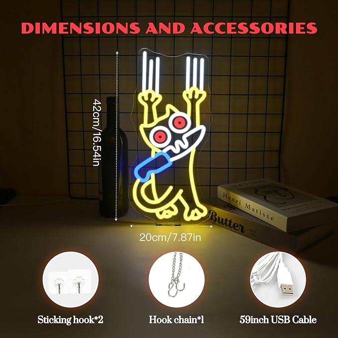 Cat Kinfe Neon Sign Dimmable Cute Cat Led Signs for Wall Decor LED USB Powered Animal Neon Light Sign for Bedroom Coffee Restaurant Kitchen Decoration Birthday Gifts